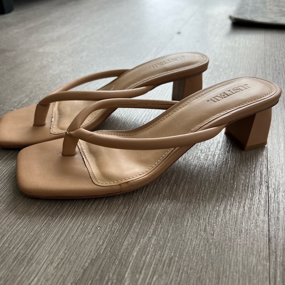 Just fab square toe flip flop sandals block heel neutral